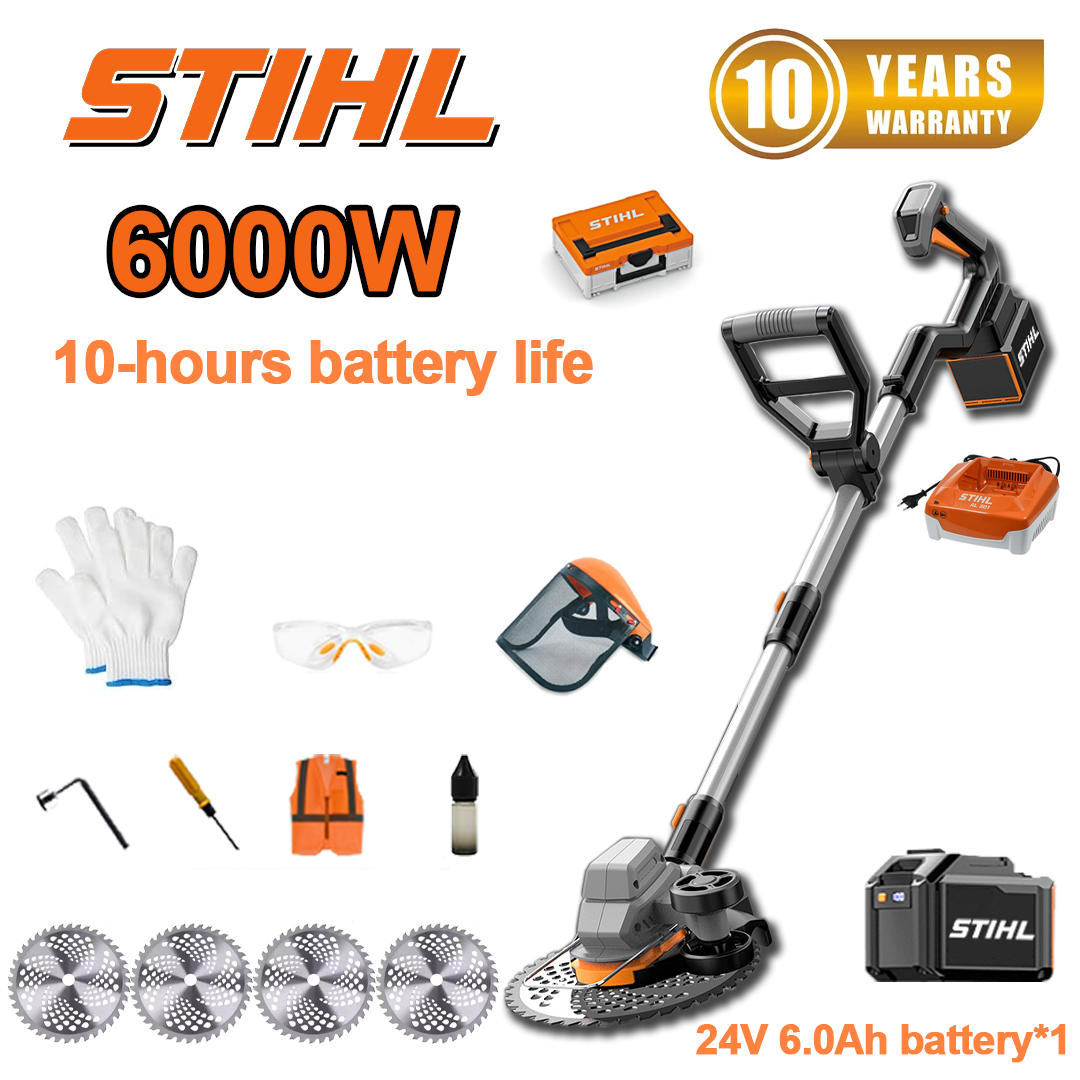 (10 horas de autonomia da bateria) Corta-relva sem escovas de 6000 W*1+bateria de 24 V 6,0 Ah*1+carregador*1+lâminas de serra circular*4+luvas*1+óculos de proteção*1+capacete*1+chave de fendas*1+parafusos em ângulo reto*1+vestuário de proteção*1+óleo lubrificante*1+caixa de ferramentas*1