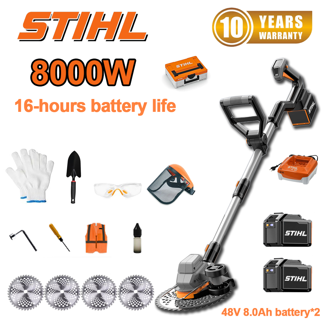 (16 horas de autonomia da bateria) Corta-relva sem escovas de 8000 W*1+bateria de 48 V 8,0 Ah*2+carregador*1+lâminas de serra circular*4+pá*1+luvas*1+óculos de proteção*1+capacete*1+chave de fendas*1+parafusos em ângulo reto*1+vestuário de proteção*1+óleo lubrificante*1+caixa de ferramentas*1