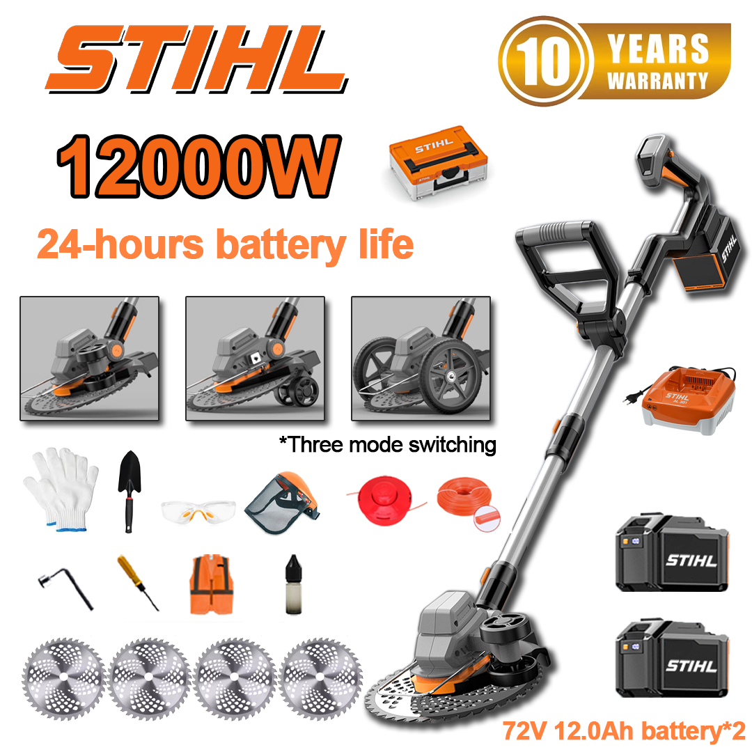 (24 horas de autonomia da bateria) Corta-relva sem escovas de 12.000 W*1+bateria de 72 V 12,0 Ah*2+carregador*1+roda lateral*1+roda de treino*1+lâmina de serra circular*4+corda de corte*1+disco de corte*1+pá*1+luvas*1+óculos de proteção*1+capacete*1+chave de fendas*1+parafuso de ângulo reto*1+roupa proteção*1+óleo lubrificante*1+caixa de ferramentas*1
