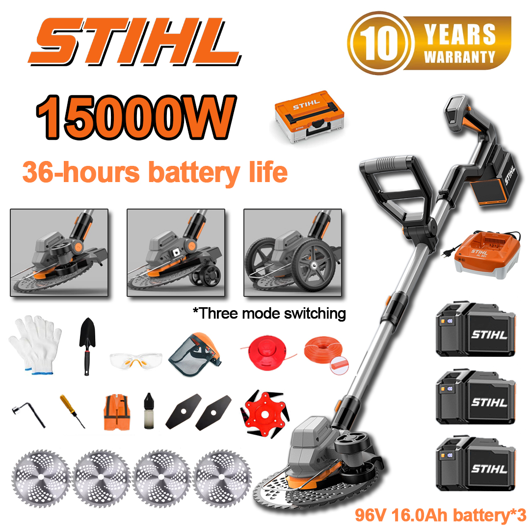 (36 horas de autonomia da bateria) Cortador de relva sem escovas de 15.000 W*1+bateria de 96 V 16,0 Ah*3+carregador*1+roda lateral*1+roda de treino*1+cabeça de lavoura*1+lâmina de serra circular*4+lâmina reta*2+lâmina de serra de liga*1+corda de corte*1+disco de corte*1+pá*1+luvas*1+óculos de proteção*1+ capacete*1+chave de fendas*1+parafuso de ângulo reto*1+vestuário de proteção*1+óleo lubrificante*1+caixa de ferramentas*1