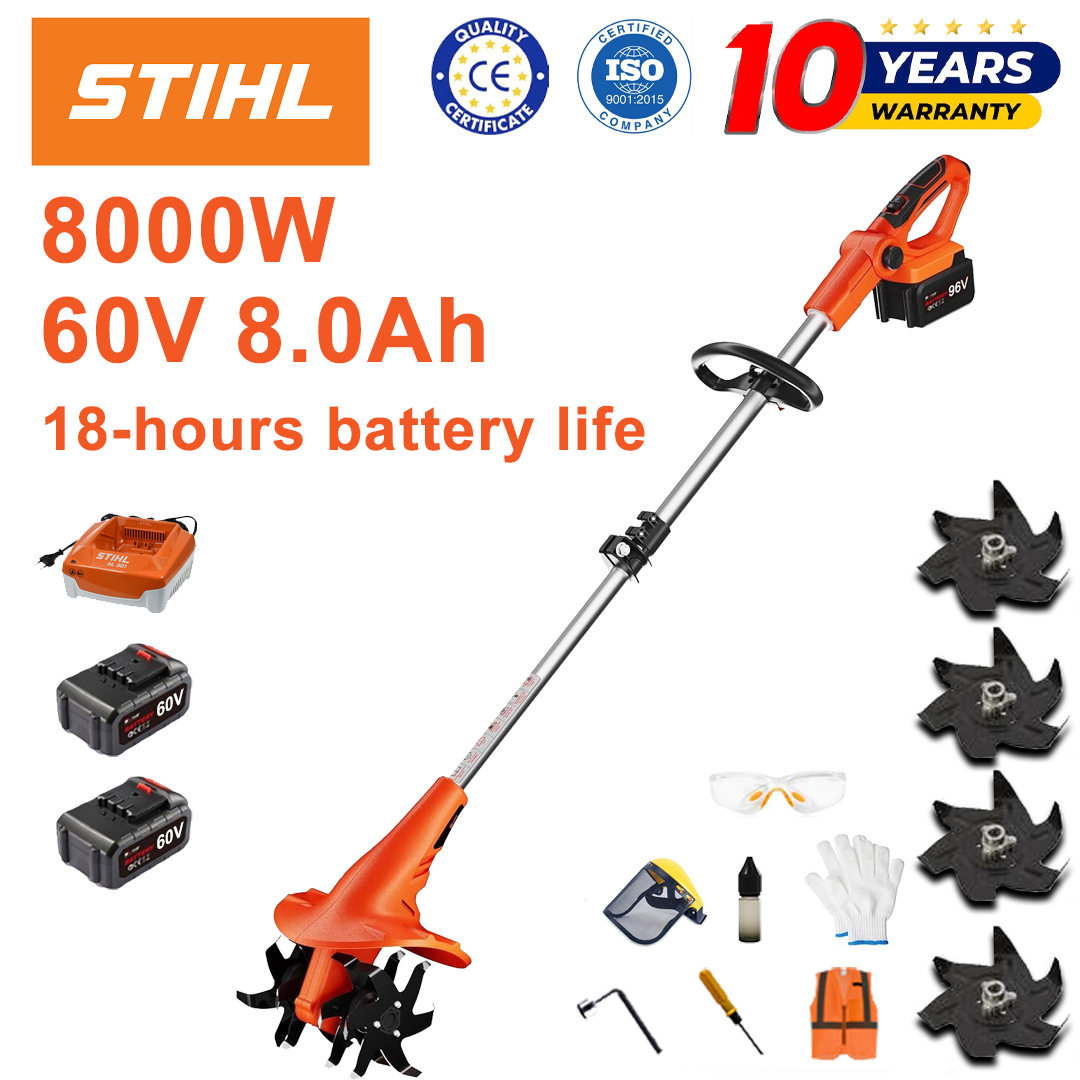 (Duração da bateria 18 horas) Arado de 8000 W + bateria de lítio de 60 V 8,0 Ah * 2 + carregador rápido * 1 + lâmina de arado * 4 + vários acessórios