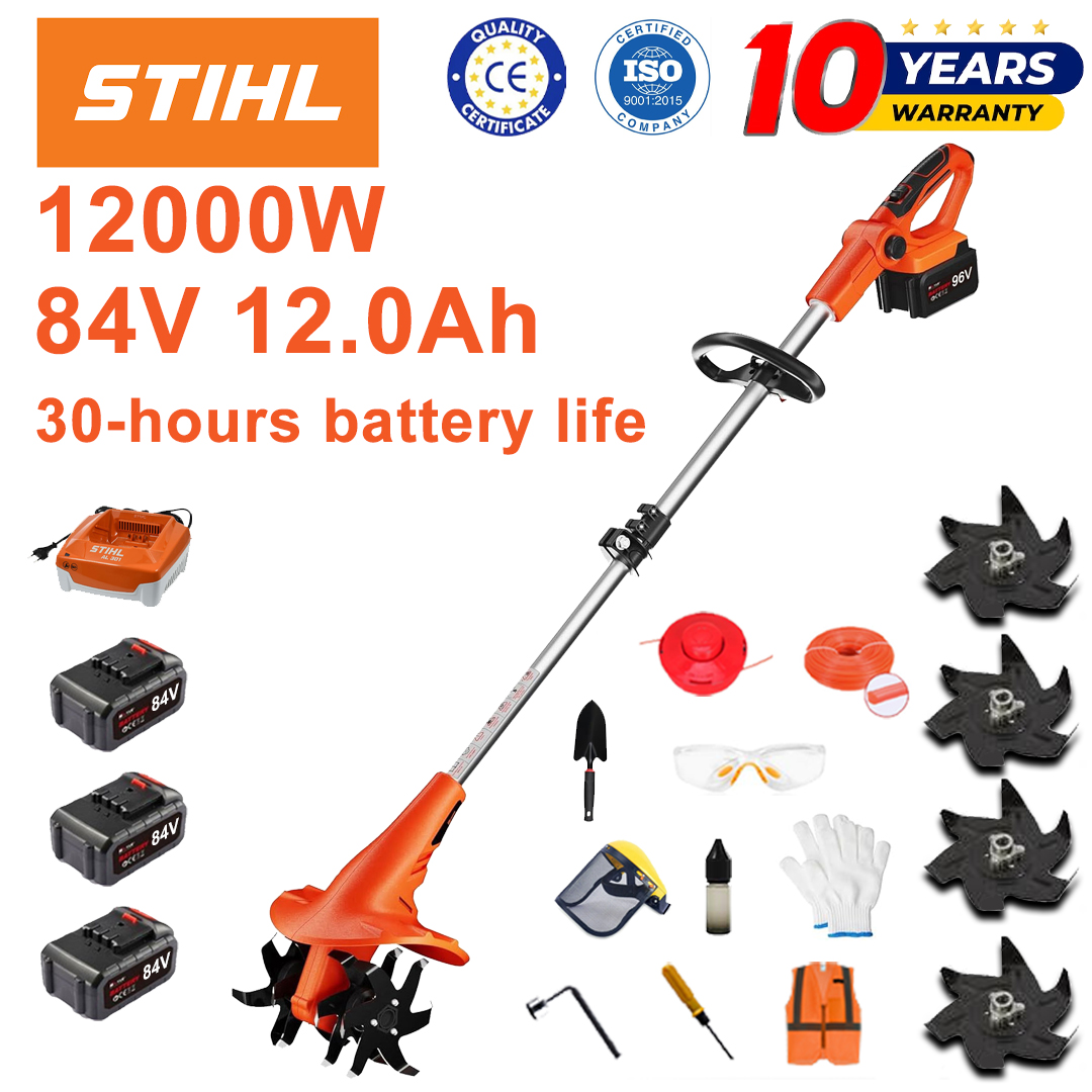 (Duração da bateria 30 horas) Arado de 12000 W + bateria de lítio de 84 V 12,0 Ah * 3 + carregador rápido * 1 + pá * 1 + lâmina de arado * 4 + disco de corte * 1 + corda de corte * 1 + vários acessórios