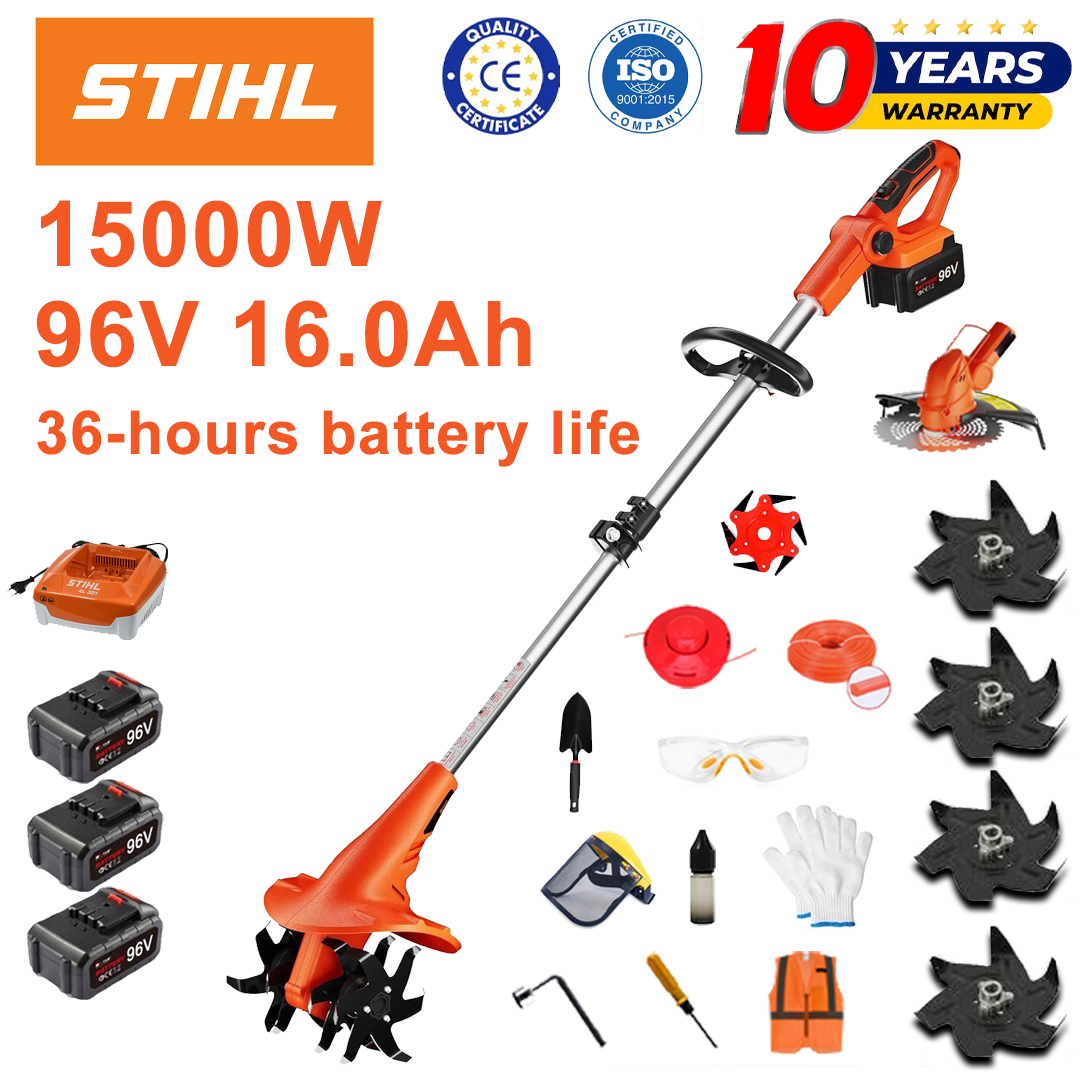 (Duração da bateria: 36 horas) Arado de 15000 W + bateria de lítio de 96 V e 16,0 Ah * 3 + cabeça de corte * 1 + carregador rápido * 1 + pá * 1 + lâmina reta * 2 + lâmina de arado * 4 + lâmina de serra de liga * 1 + lâmina de corte * 1+ corda de corte * 1 + vários acessórios