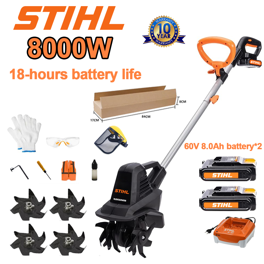 (Duração da bateria 18 horas) Arado de 8000 W + bateria de lítio de 60 V 8,0 Ah * 2 + carregador rápido * 1 + lâmina de arado * 4 + vários acessórios