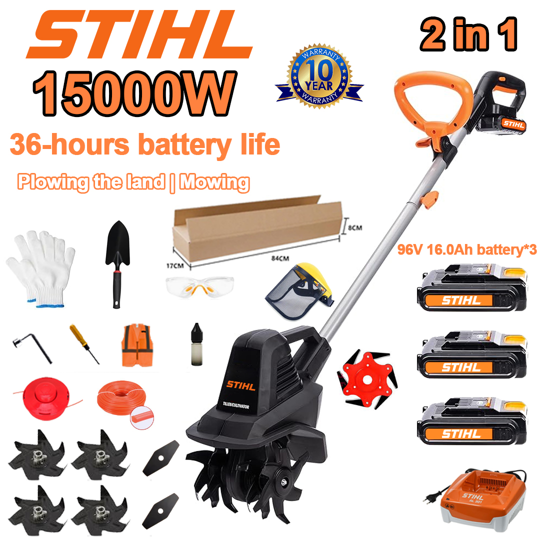 (Duração da bateria: 36 horas) Arado de 15000 W + bateria de lítio de 96 V e 16,0 Ah * 3 + cabeça de corte * 1 + carregador rápido * 1 + pá * 1 + lâmina reta * 2 + lâmina de arado * 4 + lâmina de serra de liga * 1 + lâmina de corte * 1+ corda de corte * 1 + vários acessórios