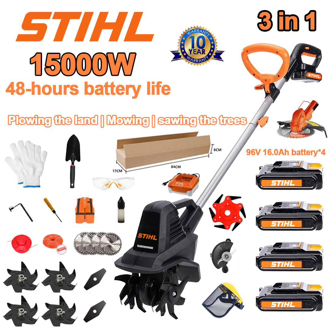 (Duração da bateria 48 horas) Arado de 15000 W + bateria de lítio de 96 V 16,0 Ah * 4 + cabeça de corte * 1 + serra * 1 + cabeça de aparador de sebes * 1 + carregador rápido * 1 + pá * 1 + lâmina reta * 2 + lâmina de arado * 4 + lâmina de serra de liga * 1 + lâmina de corte * 1 + corda de corte * 1 + vários acessórios