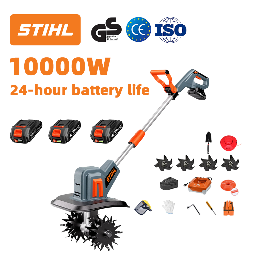 (Duração da bateria 24 horas) Charrua de 10000 W + bateria de lítio de 96 V * 3 + carregador rápido * 1 + pá * 1 + lâmina de lavoura * 4 + disco de corte * 1 + corda de corte * 1 + vários acessórios