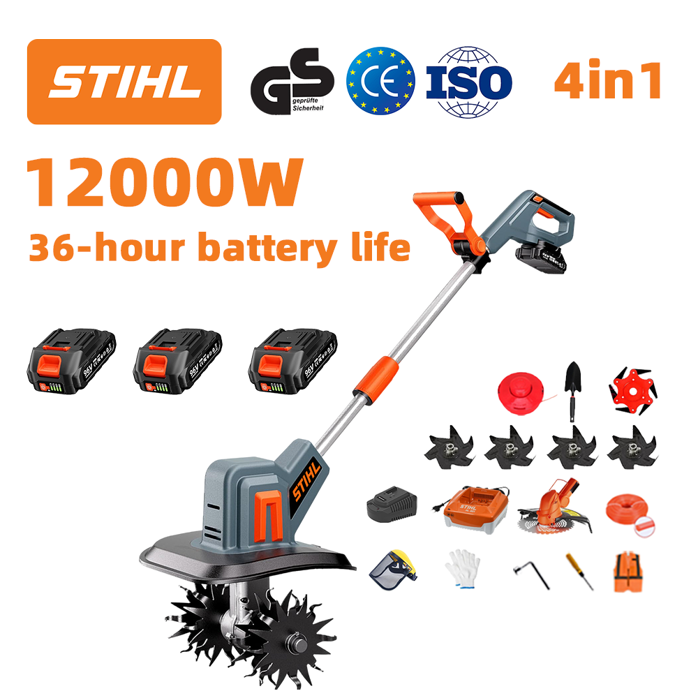 (Duração da bateria: 36 horas) Arado de 12000 W + bateria de lítio de 96 V * 3 + cabeça de corte * 1 + carregador rápido * 1 + pá * 1 + lâmina reta * 2 + lâmina de arado * 4 + lâmina de serra de liga * 1 + lâmina de corte * 1+ corda de corte * 1 + vários acessórios