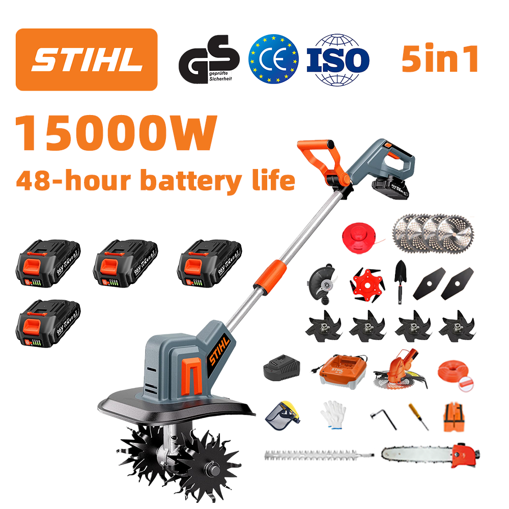 (Duração  da bateria: 48 horas) Arado de 15000 W + bateria de lítio de 96 V * 4 + cabeça de corte * 1 + serra * 1 + cabeça de aparador de sebes * 1 + carregador rápido * 1 + pá * 1 + lâmina reta * 2 + lâmina de arado * 4 + lâmina de serra de liga * 1 + lâmina de corte * 1 + corda de corte * 1 + vários acessórios