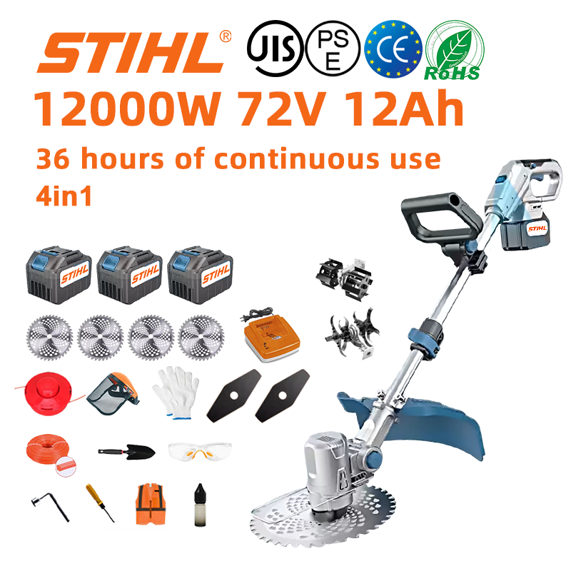 [36 horas de autonomia da bateria] Cortador de relva sem escovas de 12.000 W * 1 + Bateria de 72 V 12,0 Ah * 3 + Carregador * 1 + Roda lateral * 1 + Roda auxiliar * 1 + Charrua * 1 + Lâminas de serra circular * 4 + Lâminas de serra retas * 2 + Disco de corte * 1 + Disco * 1 + Luvas * 1 + Óculos de proteção * 1 + Capacete * 1 + Chave de fendas * 1 + Parafuso de ângulo reto * 1 + Vestuário de proteção * 1 + Óleo lubrificante * 1 + Caixa de ferramentas * 1