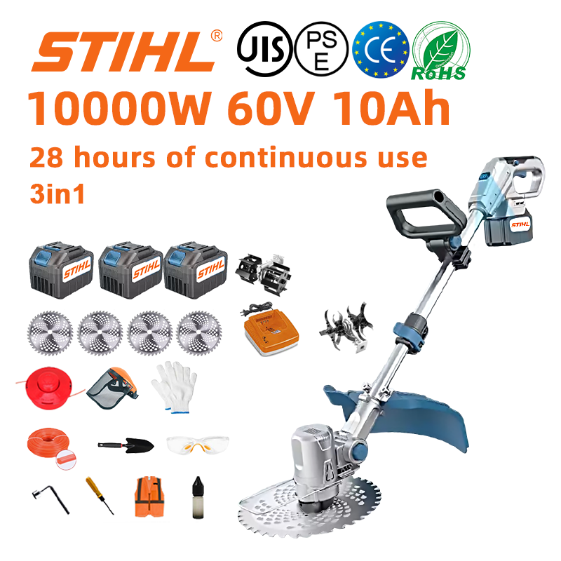 (28 horas de duração da bateria) Cortador de relva sem escovas de 10000 W * 1 + bateria de 60 V 10,0 Ah * 3 + carregador * 1 + roda lateral * 1 + roda auxiliar * 1 + lâminas de serra circular * 4 + charrua * 1 + corda de corte * 1 + disco de corte * 1 + pá * 1 + luvas de chave de fendas * 1 + chave de fendas * 1 + luvas * 1 + chave de fendas fenda * 1 parafuso * 1 + vestuário de protecção * 1 + óleo lubrificante * 1 + caixa de ferramentas * 1.