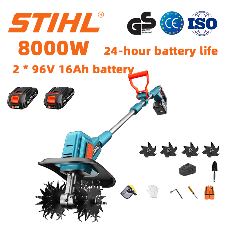 (24 horas de autonomia da bateria) Arado de 8000 W + bateria de lítio de 96 V 16 Ah * 2 + carregador rápido * 1 + pá * 1 + lâminas de arado * 4 + vários acessórios