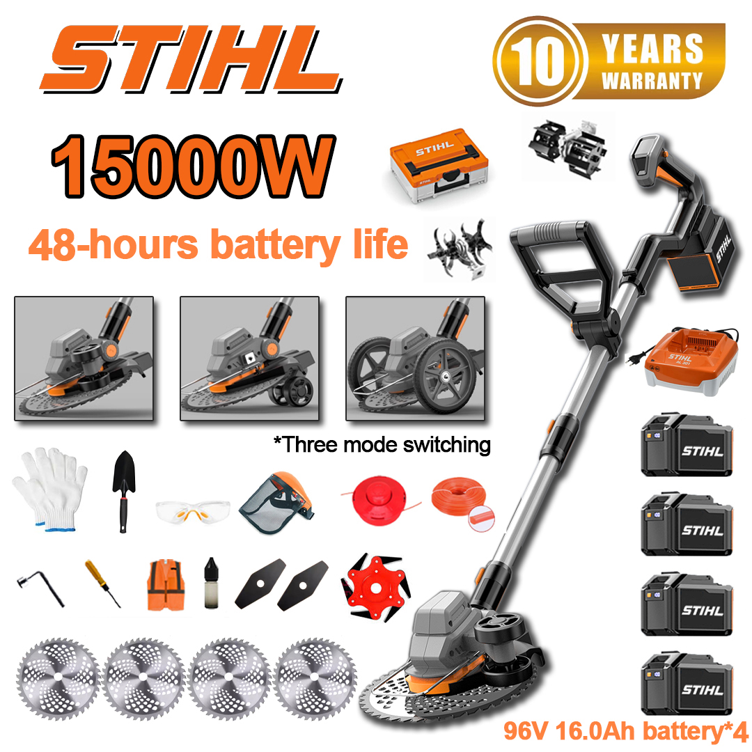 (48 horas de autonomia da bateria) Cortador de relva sem escovas de 15.000 W*1+bateria de 96 V 16,0 Ah*4+carregador*1+roda lateral*1+roda de treino*1+cabeça de lavoura*1+lâmina de serra circular*4+lâmina reta*2+lâmina de serra de liga*1+corda de corte*1+disco de corte*1+pá*1+luvas*1+óculos de proteção*1+ capacete*1+chave de fendas*1+parafuso de ângulo reto*1+vestuário de proteção*1+óleo lubrificante*1+caixa de ferramentas*1